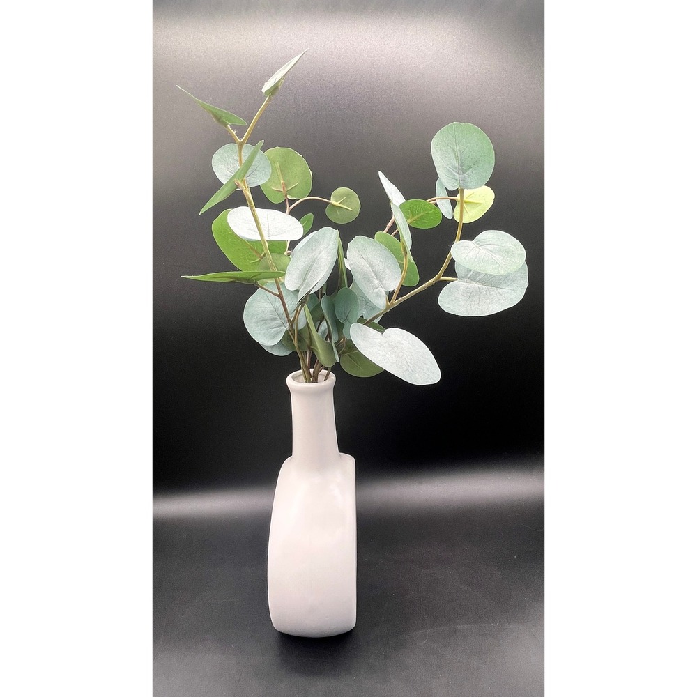 Abstract Modern Matte White Ceramic Donut Vase Faux Eucalyptus Greenery 8 x 6.5" - Picture 7 of 11